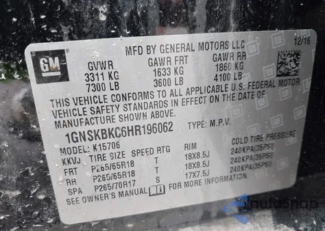 2017 Chevrolet Tahoe Lt z USA, uszkodzony, nr VIN 1GNSKBKC6HR196062